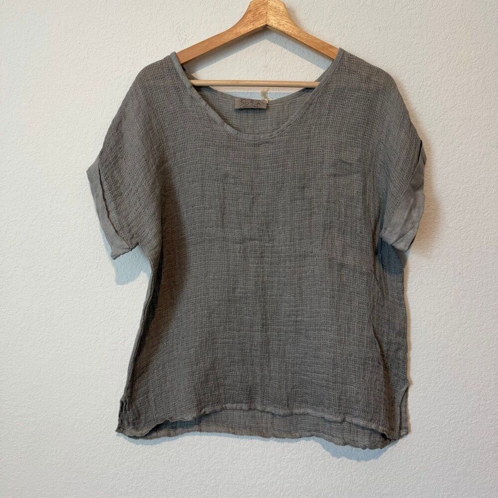 Sofia Italy Gray Linen Blend Mesh Scoop Neck Blouse Women's One Size NWT